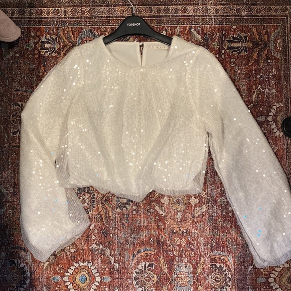 WAYF White Sequin Balloon Sleeve Top Fully Lined Size M - Picture 3 of 13